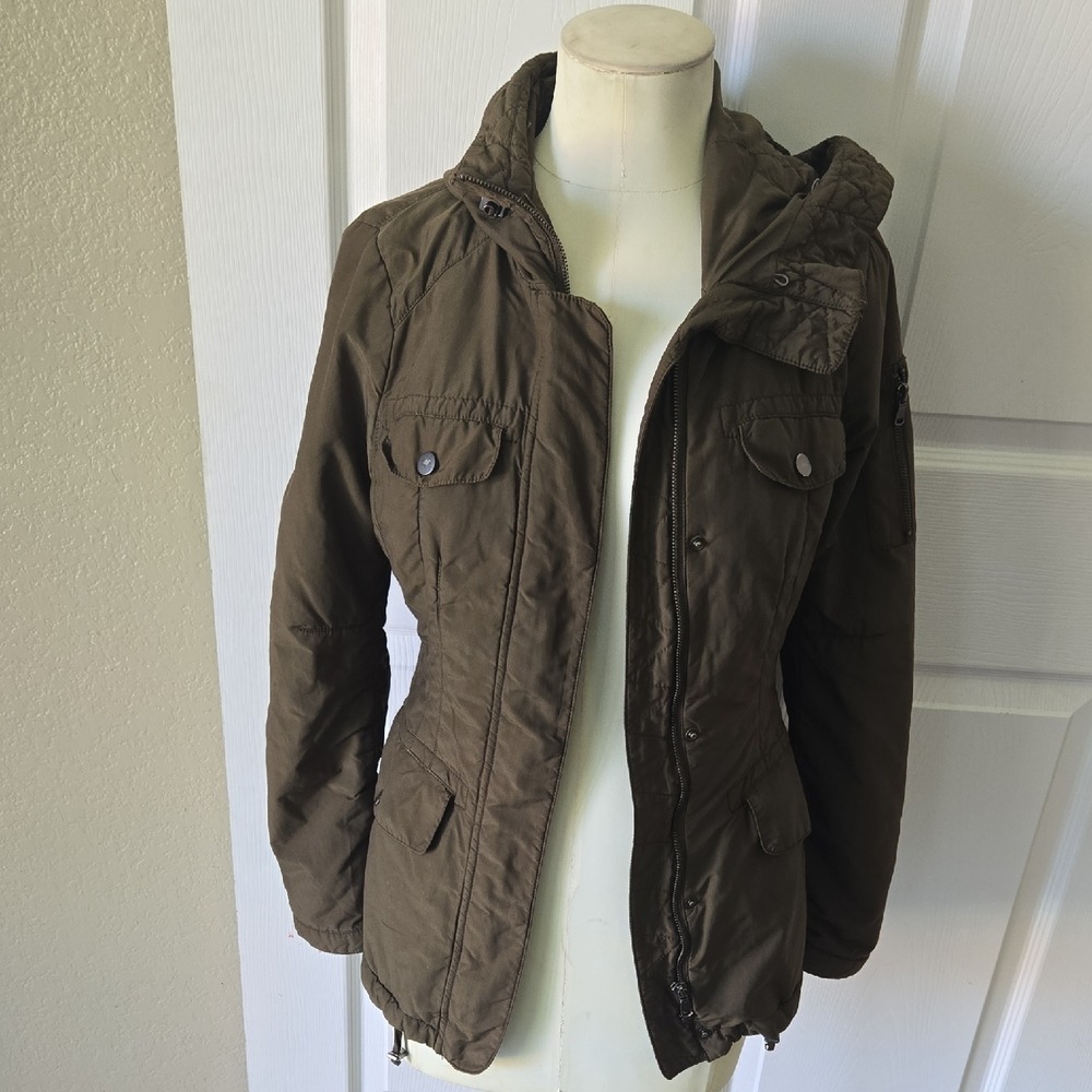 Zara Woman Olive Green Utility Jacket Hooded Military Field Coat Brown Small